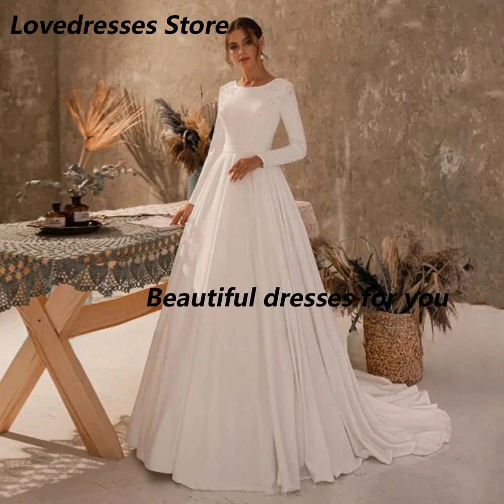 Round Neck Long Sleeves Wedding Dress Customized Elegant Beading Pearls Buttons A Line Sweep Train Vestidos De Novia Bride Gown