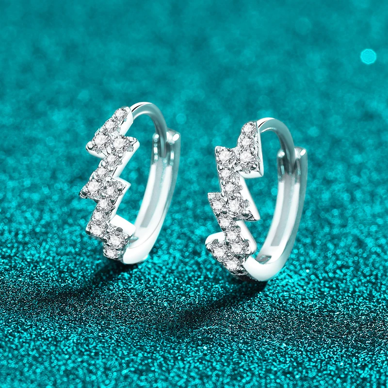 Pendientes de Plata de Ley S925 con Moissanita en Forma de Rayo, Diseño Minimalista y Moderno de Onda EKG