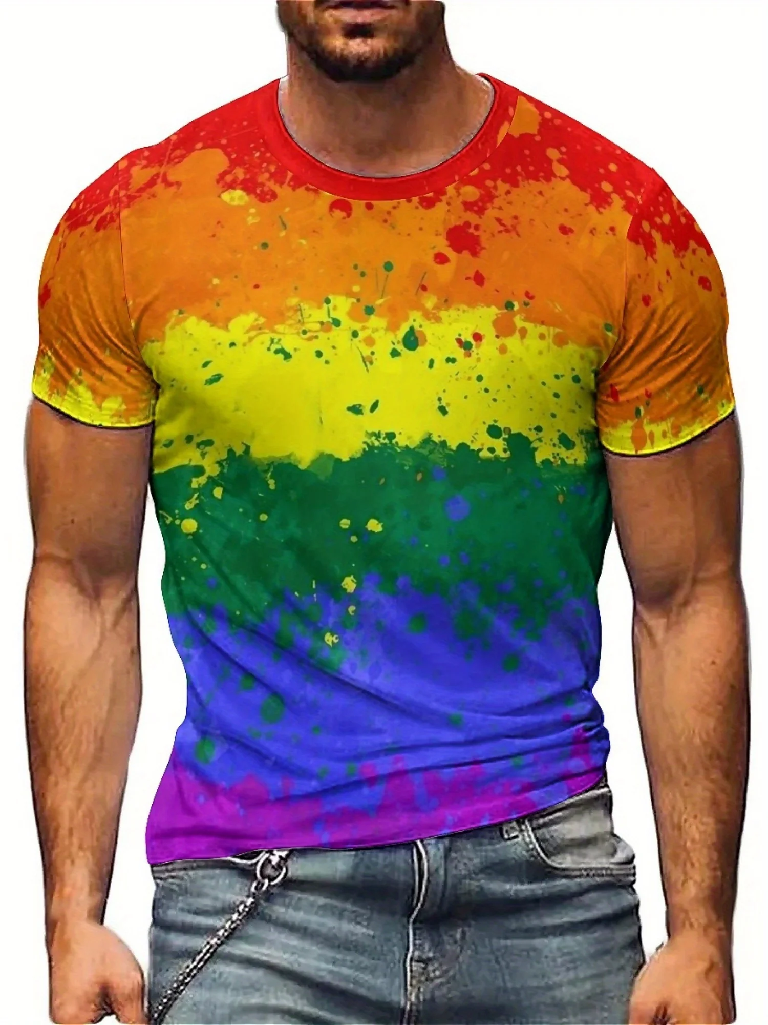 

Men'S Rainbow 3D Print Short-Sleeve T-Shirt in European And American StyleFeaturing Ethnic Flair, Perfect for Vacation