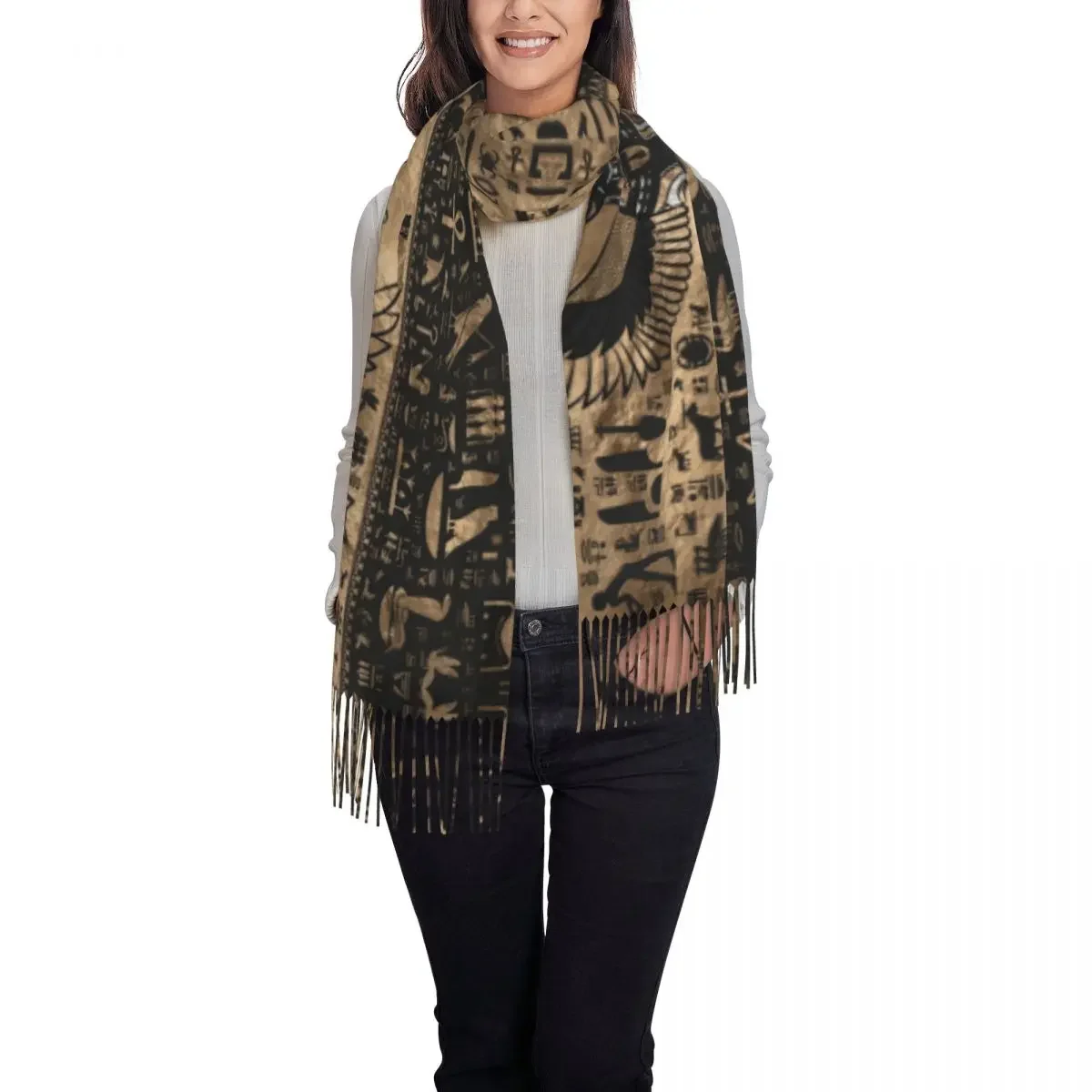 Fashion Egypt Egyptian Cat Goddess Tassel Scarf Women Winter Fall Warm Shawls Wraps Female Hieroglyphic Scarves