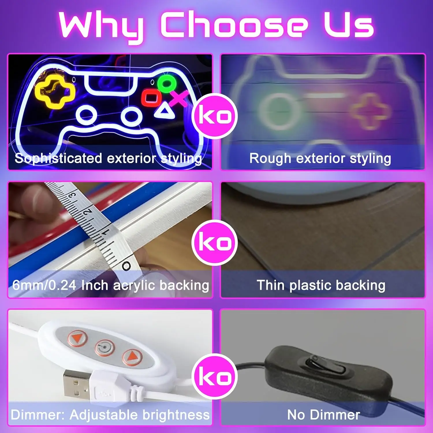 Gamer Neon Gamepad Shape Neon Gaming Sign per la stanza dei ragazzi, Controller di gioco LED dimmerabile Neon USB Powered Colored Room Deco ration