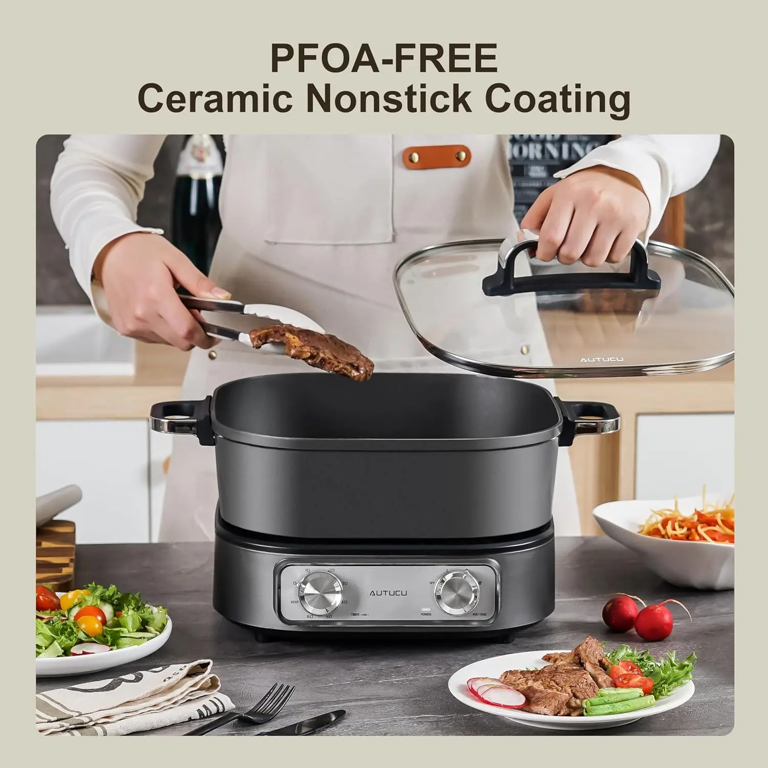 Hot Pot 6-Quart & Multi-Cooker | Non-Stick Electric Skillet with PFOA-Free Ceramic-Coated Pot, 3 Power Settings & Timer, 1600W f
