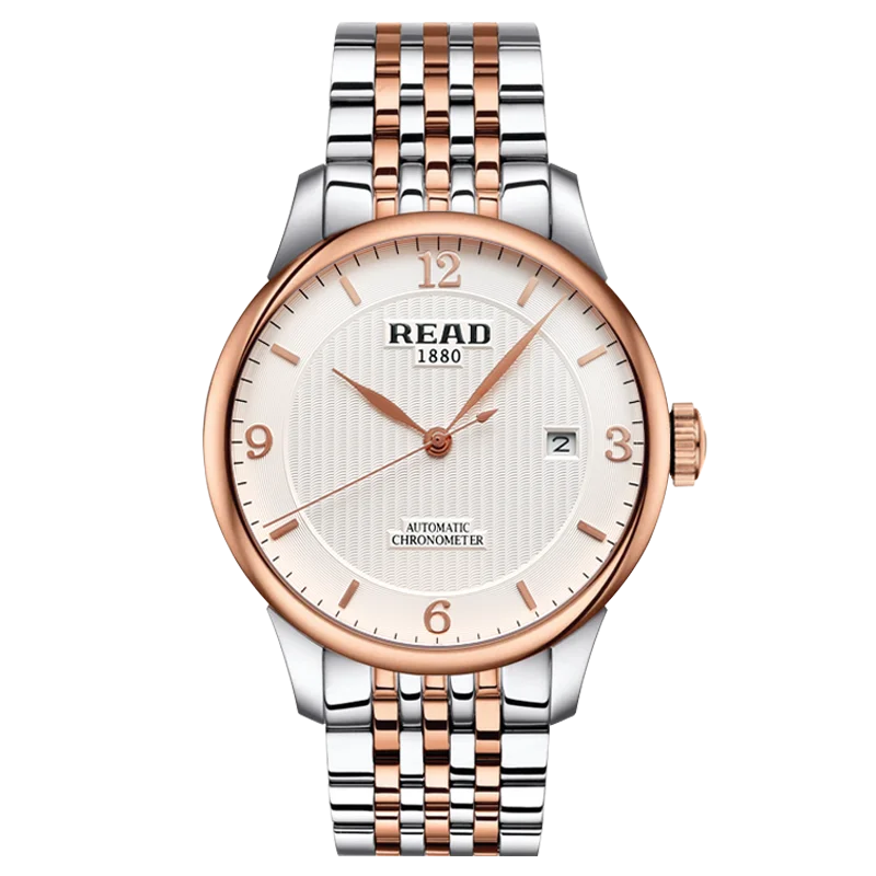 READ Men Automatic Watch | Two‑Tone Solid Steel Band & Case | Sapphire Glass | Single Calendar Dial | 50M Water Resistant