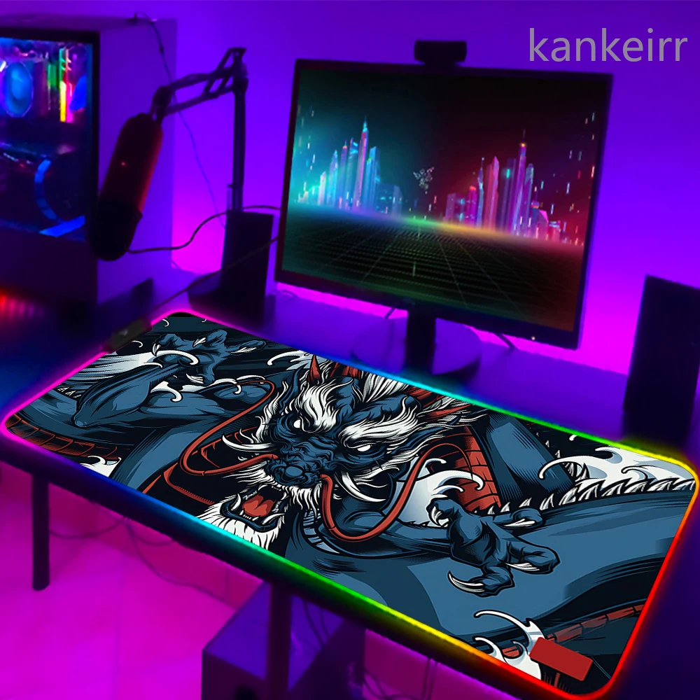 RGB Gaming Muismat Japanse Draak Bureaumat HD Zwart Gamer Accessoires Grote LED Muismat XXL PC Computer Tapijt Met Achtergrondverlichting