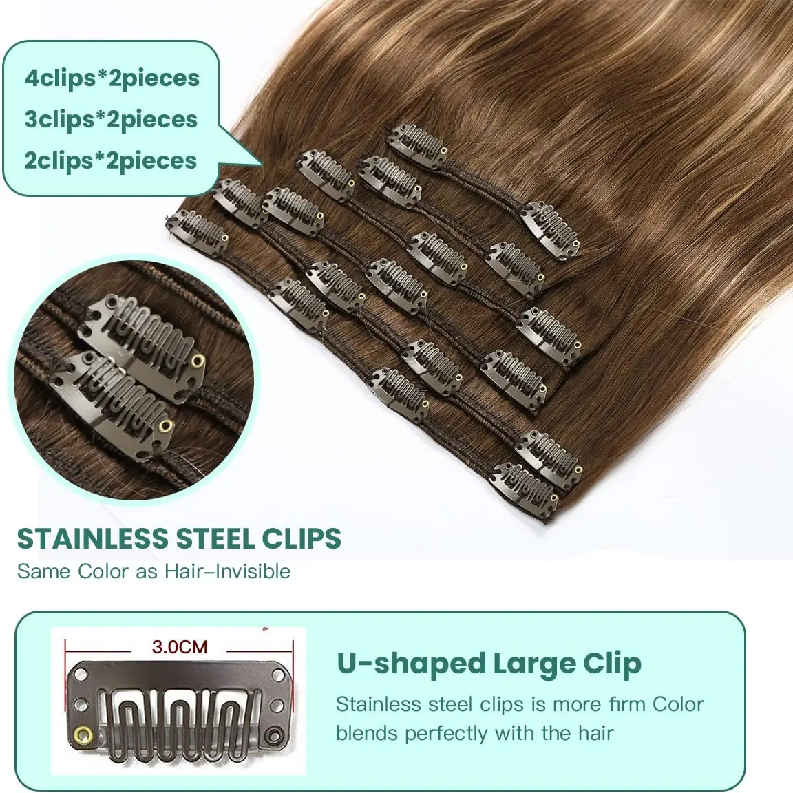 VINBAO Clip in Hair Extensions Real Human Hair 6pcs 120g Double Weft Remy Hair Balayage Hair Extensions Clip Hair Silky Straight