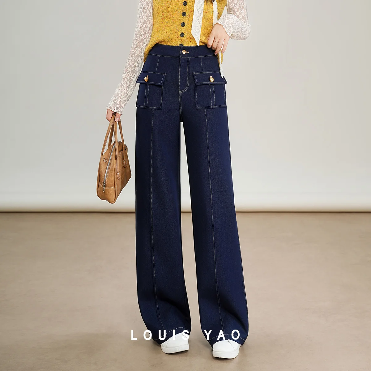 

LOUIS YAO Imitation Denim Design Woven Long Women's Casual Pants 2025 Autumn Elegant Office Style Non Elastic Straight Leg Pants