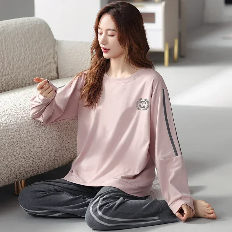 New Pajamas Set for Women Autumn Winter New Big 3XL-5XL Sleepwear Soft Cotton O-neck Lounge Wear Sporty Fashion Pijama Plus Size