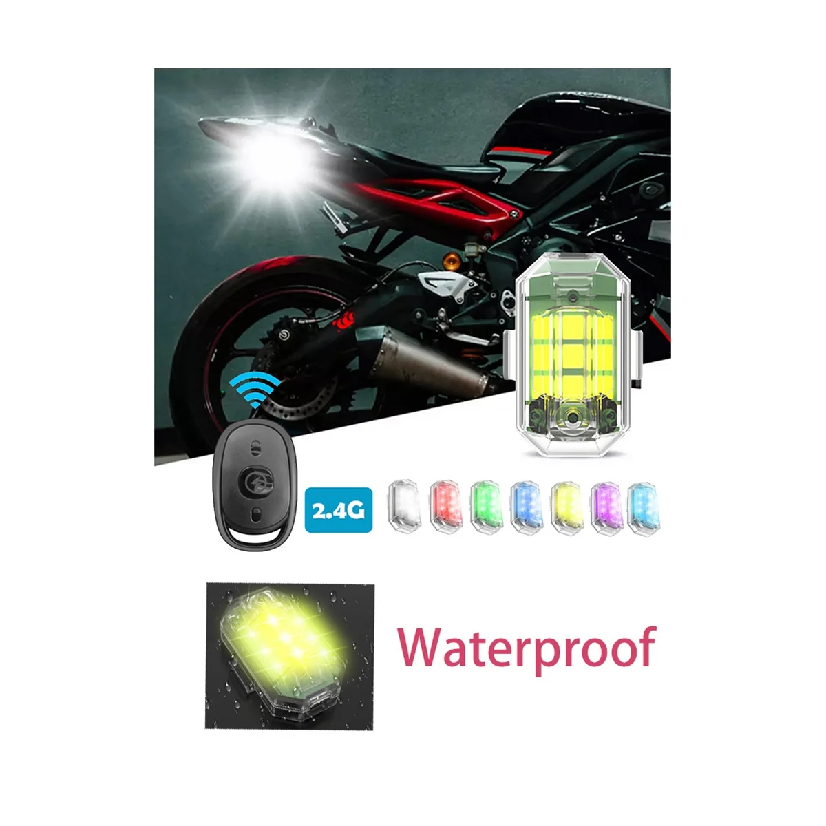 Lampe stroboscopique LED sans fil pour voiture, télécommande, moto, vélo, anti-collision, flash, lampe iodée, 7 couleurs, 2 pièces