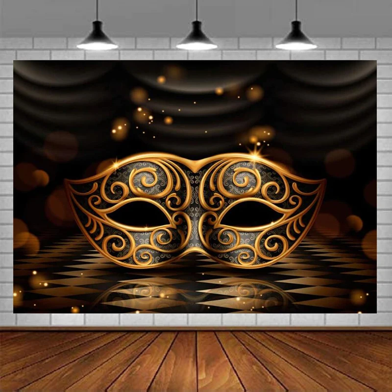 Photography Backdrop Carnival Masquerade Glossy Golden Mask Dark Retro Floor Stage Background For Party Decoration Mardi Gras