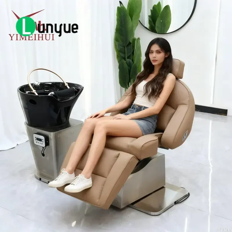 Luxury Electric Hairdresser Shampoo Chair Set with Silver Stainless Steel Base for Use Professional Beauty Furniture
