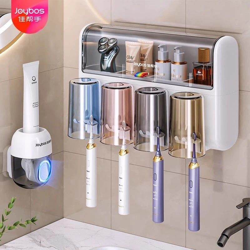 No Drill Wall Mounted JOYBOS Toothbrush Holder Family Set With Toothpaste Dispenser Bathroom  Dust Proof Shelf Organizer Home