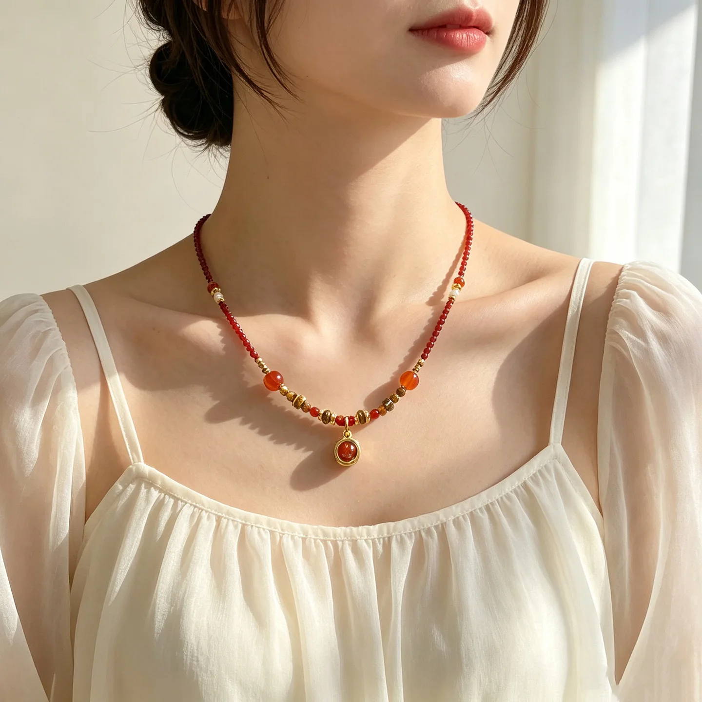 Chinese Style Lucky Blessing Red Zircon Pendant Necklace For Women Red Spinel Beaded Gold Plated Clavicle Chain Attract Wealth