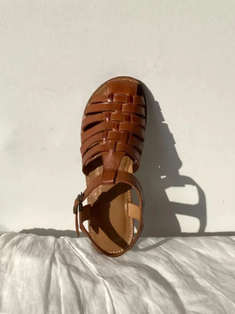 Vintage Weaving Design Women Gladiator Sandal Handmade Buckle Strap Hollow Out Cowskin Genuine Leather Sandal Casual Flat Shoes