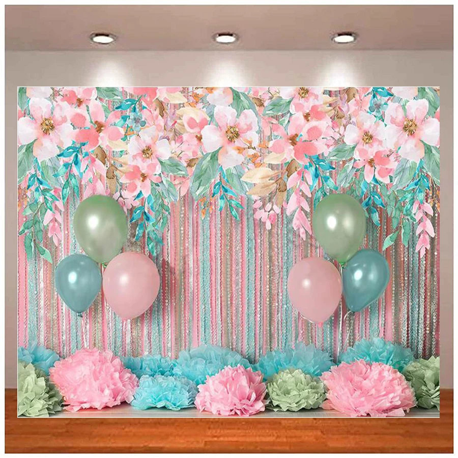 

Photography Backdrop Pink Striped Balloon Newborn Fresh Flowers Background Banner Cake Smashing Photo Studio Portrait For Baby