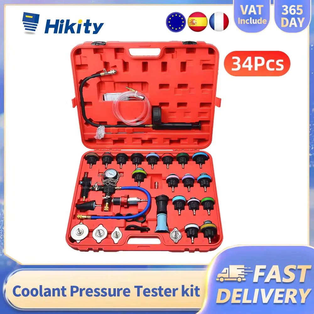 Hikity Kit de test de pression et de fuites de liquide de refroidissement 34 pièces, testeur de pression de radiateur, outil de remplissage sous vide pour liquide de refroidissement automobile