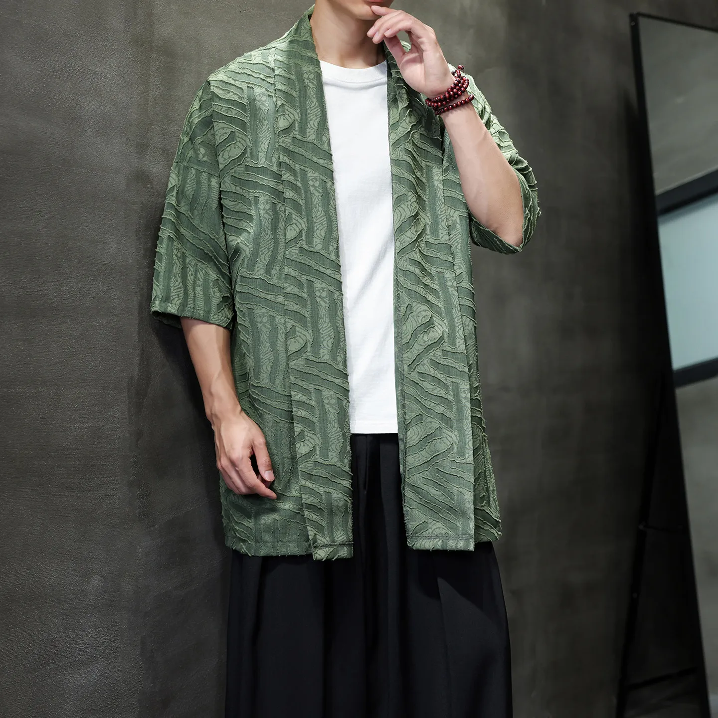 Chinese Style Short Sleeve Cardigan Kimono Traditional Taoist Robe Shawl Coat Casual Loose Open Front Windbreaker Outerwear