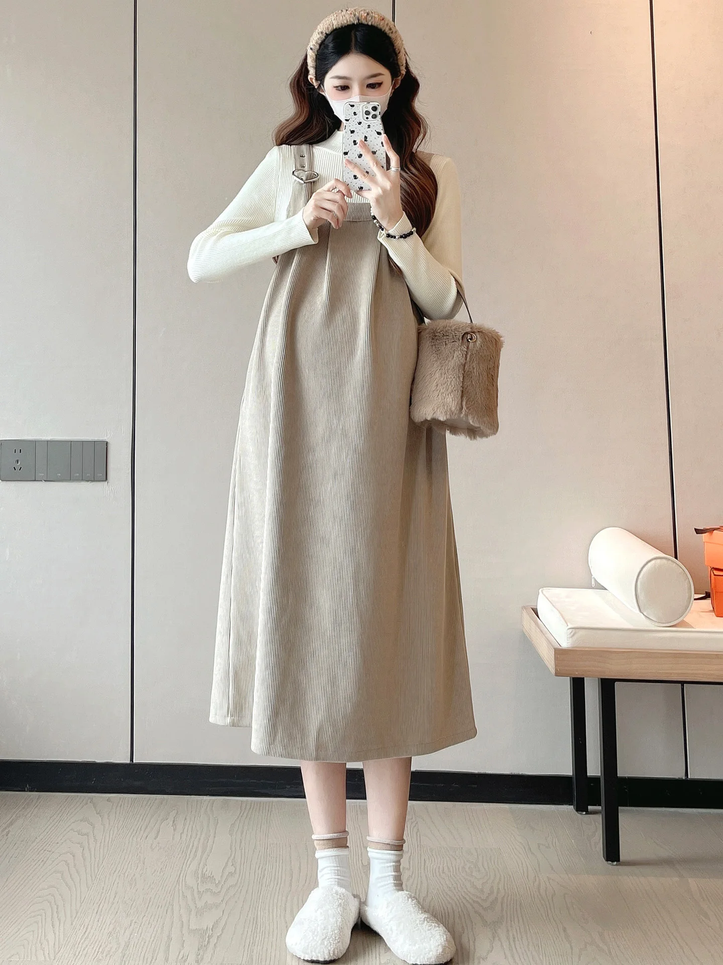 ensemble-de-robe-de-maternite-automne-hiver-vetements-d'exterieur-tendance-pour-maman-coupe-decontractee-a-taille-lache-en-fibre-de-polyester-jupe-trapeze-mi-longue-et-chaude