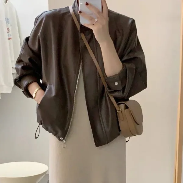 Café Brown Leather Jacket Women's Baseball Style Short Motorcycle American Retro Popularity Outerwear Fashionable Coat