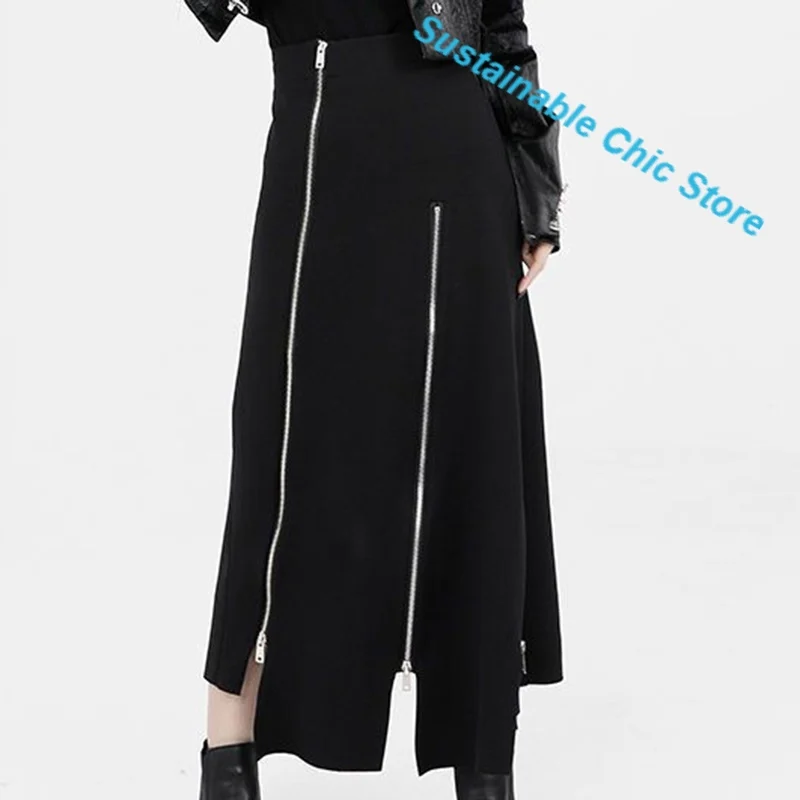 Korean style fashion black skirt female summer and autumn new design sense niche A-word high waist long irregular split skirt.