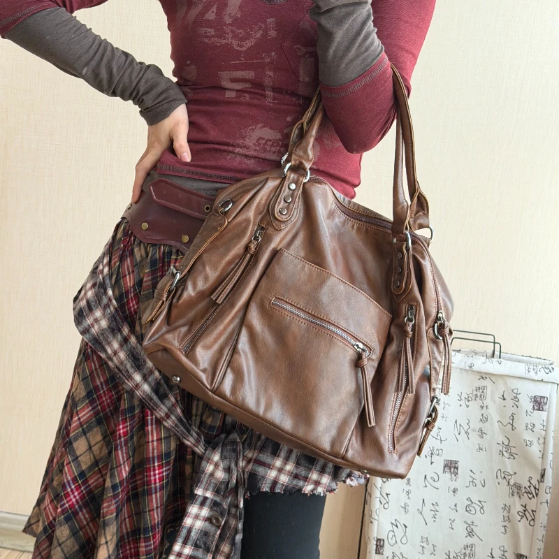 

Unique Design Vintage Tote Bag, Distressed Soft Leather Multi Pocket Biker Bag, Women's Large Capacity Commuter Shoulder Purse