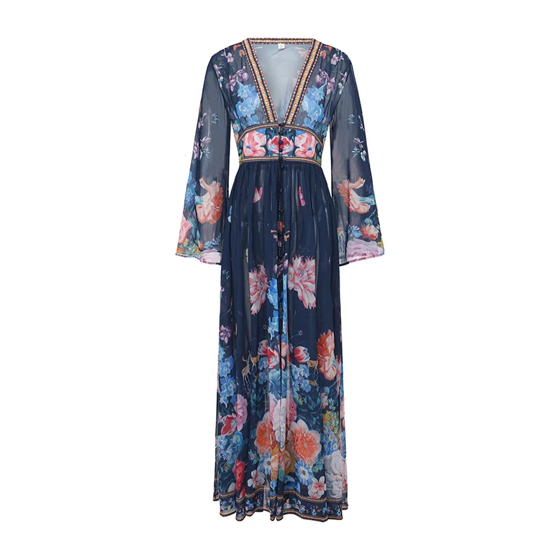 

Elegant Floral Long Maxi Dress Women Spring Summer 2026 Holiday Flare Full Sleeve Print Lace Deep V Neck Evening Party Vestido