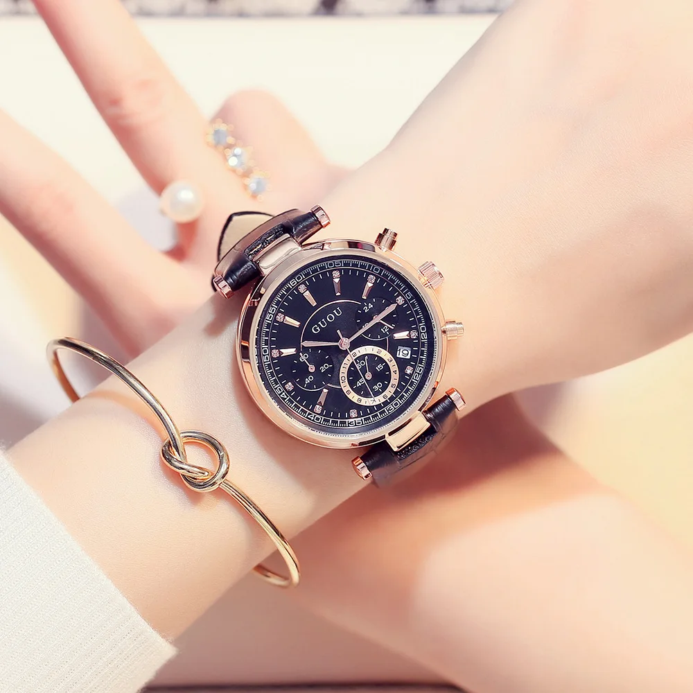 Fashion Guou Top Brand Retro Student Genuine Leather Belt Three Eye Multifunctional Lady High-end Gift Wrist Watches