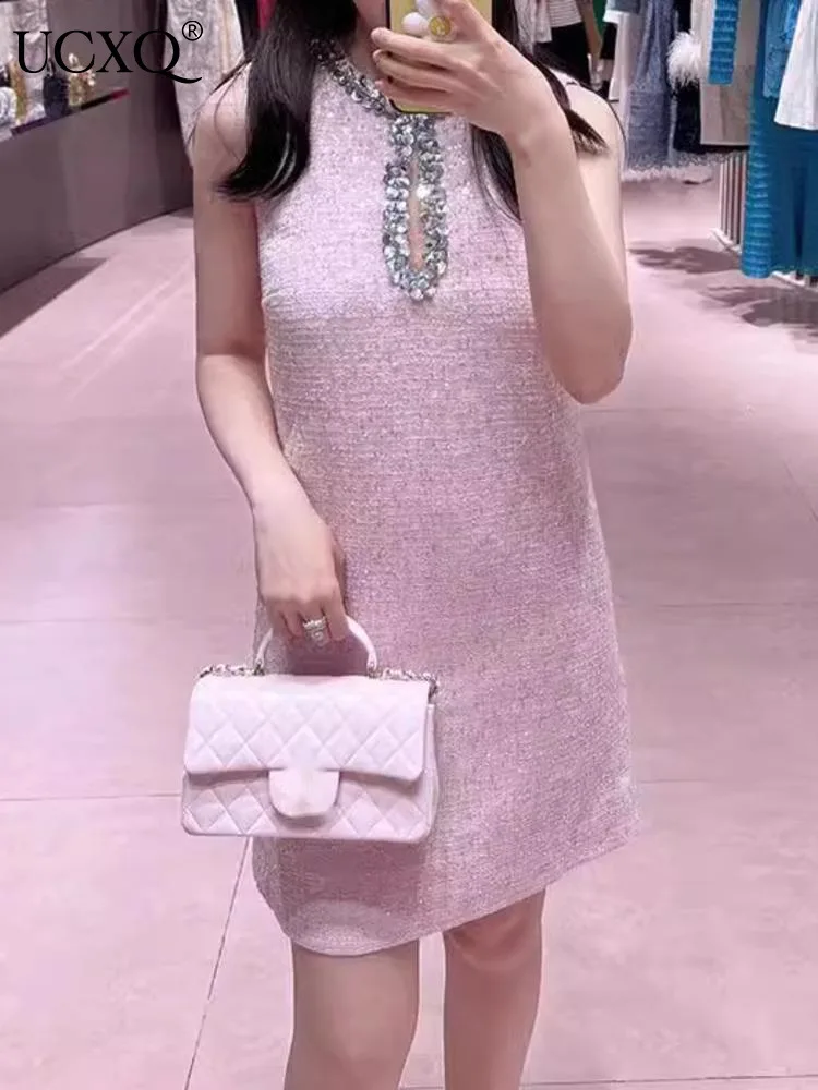 

UCXQ Elegant Short Dress Hotsweet Sequined O Neck Sleeveless Diamond Studded Fashion Pink Dresses Women 2024 Spring Summer C1349