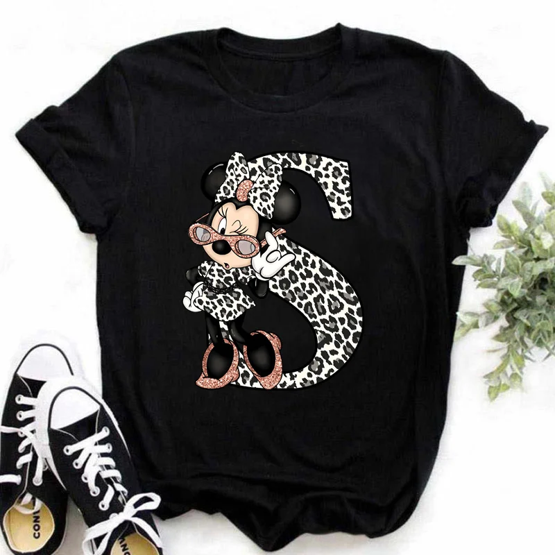 

Minnie Mouse Disney A-Z 26 English Letters T-shirts Women 2024 Casual Harajuku Tshirt Print O-neck Short Sleeve Summer Tee Shirt