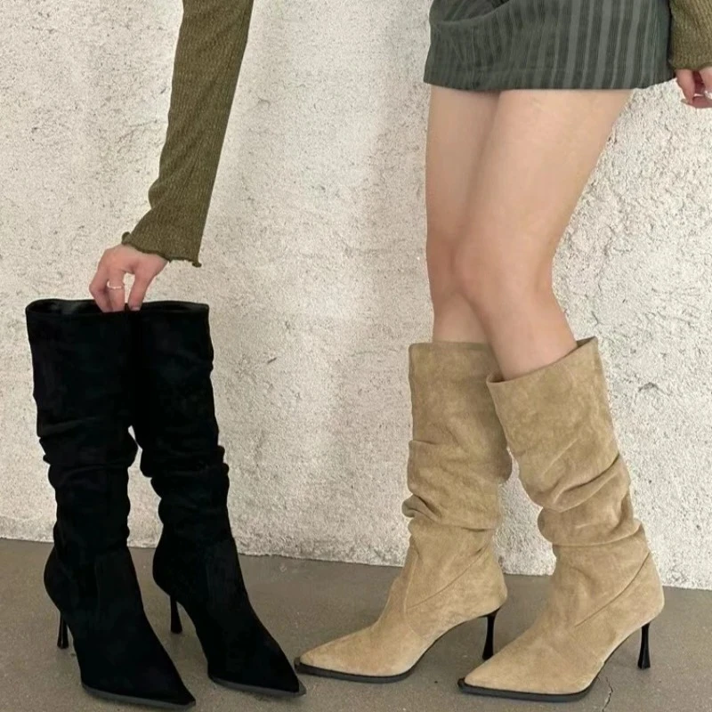 Nuevas Botas de Tacón Fino con Punta en Pico, Estilo Coreano de Lujo Ligero, Elegantes Botas de Tacón Alto hasta la Rodilla, Calzado de Moda Diaria