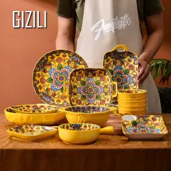 Bohemia Style Ceramic Dinnerware Food Plate Household Salad Bowl Dinner Plate Binaural Bakeware Tableware Set Kitchen Utensils