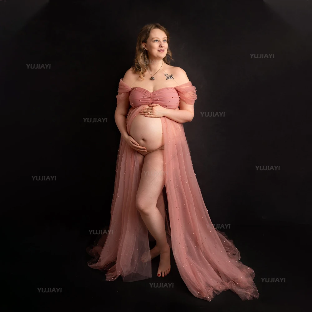 Maternity Dress for Photoshoot Pearls Tulle Robe Custom Women Bathrobe Wedding Party Bridal Boudoir Lingerie Sleepwear Pajamas