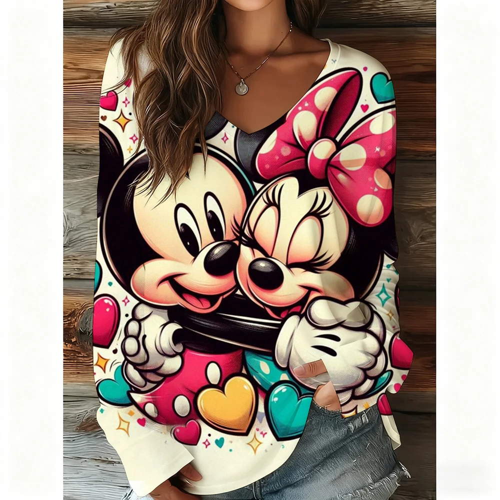 

2025 Большие размеры, осенне-зимняя новая модная женская футболка с v-образным вырезом и длинными рукавами, элегантная повседневная свободная футболка с рисунком Микки Мауса Диснея