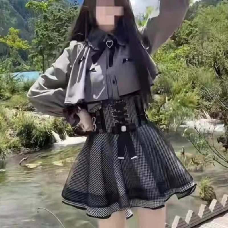 Japanese Gothic Lolita Style Skirt Set Women Sweet Bow Long Sleeves Cloak Shirts Plaid Mini Cake Skirts Korean Harajuku Y2k Suit view 4
