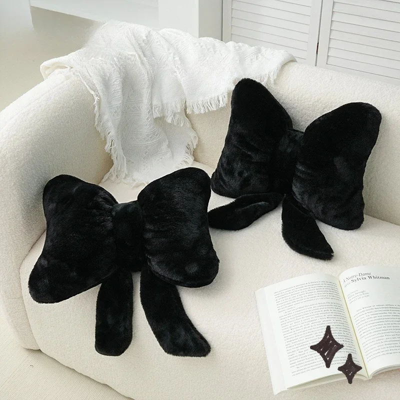 White Bow Ribbon Couch Pillow Imitation Rabbit Fur Comfortable Car Seat Cushion Ins Style Simple All-match Back Cushion
