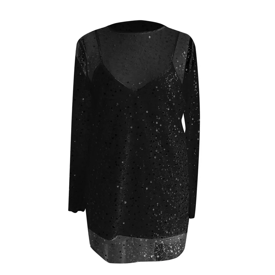 

Women'S Lightweight Sequin Dress Small Beads See Through Mesh Cover-Up Inner Suspender Dress Lady Fashion Two Set Dress Vestidos