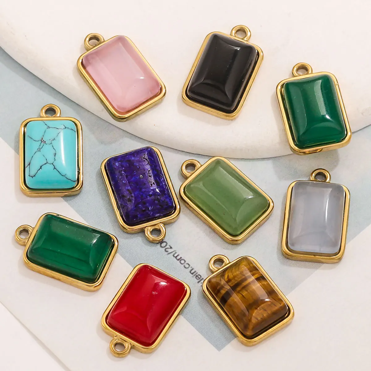 3pcs Stainless Steel Fashionable Natural Stone Pendant DIY Emerald Turquoise Rectangular Titanium Steel Pendant