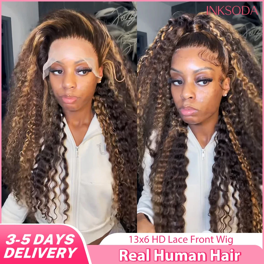 

16-36 Inch 220% Density Highlight Curly Wig Deep Wave 13x4 13x6 HD Lace Frontal Wig Human Hair Colored P4/27 Ombre Brown Blonde Lace Front Wigs For Women Brazilian Human Hair Colored Wigs Pre-Plucked Prebleached Curly Human Hair Wigs