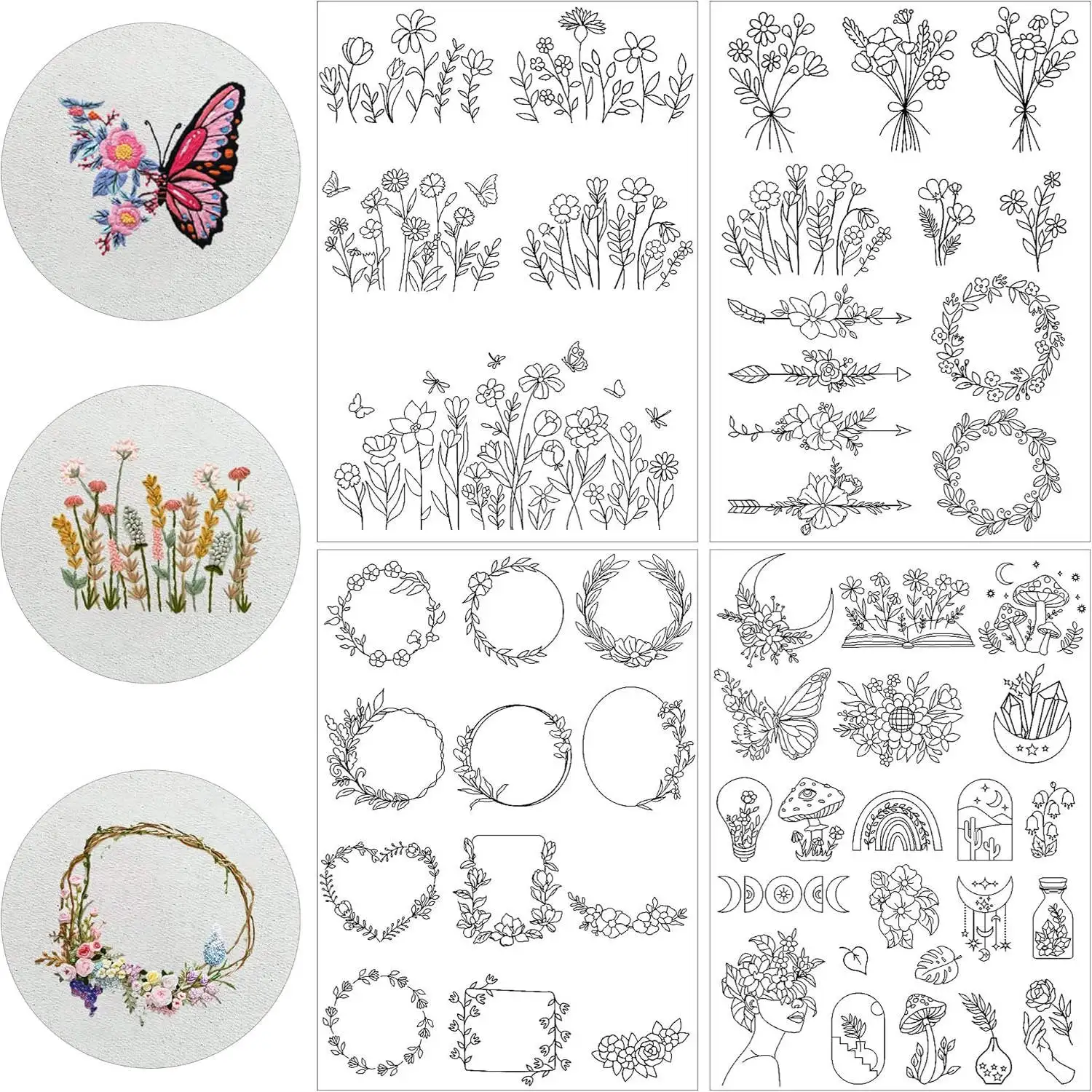 4 Sheets Water Soluble Stabilizer Embroidery Pattern, Sticky Instant Embroidery Paper Washable Butterfly flower