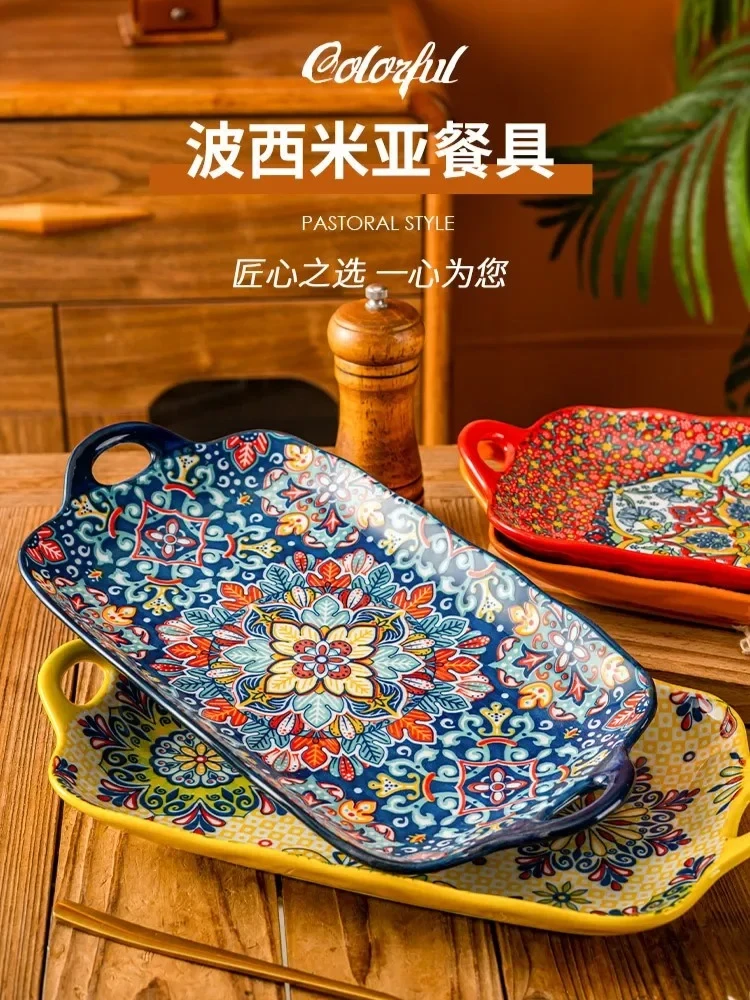 

13-дюймовая богемная тарелка для рыбы с двойными ушками, бытовая тарелка для рыбы на пару, большая прямоугольная тарелка для сервировки рыбы, керамическая тарелка для овощей