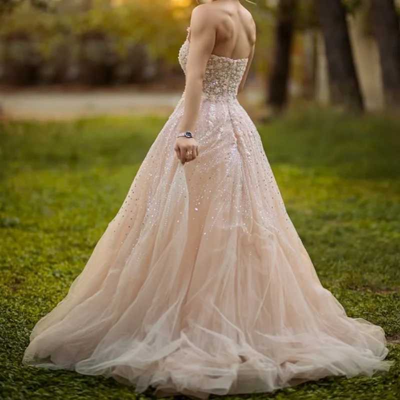 Abito Quinceanera champagne chiaro lucido Decalcomania glitterata Perline in pizzo con spalle scoperte Coda lunga Abiti da 15 Quinceanera ﻿ Personalizza
