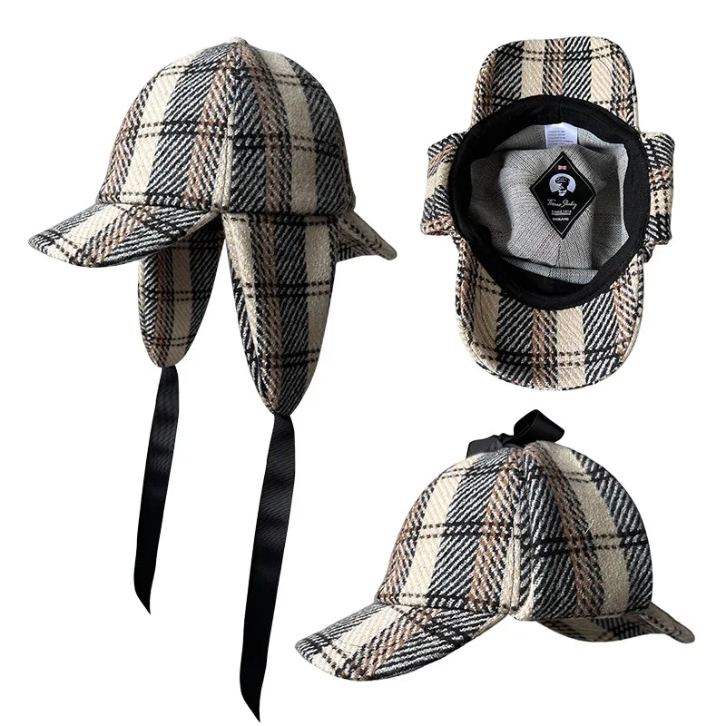 

Унисекс шляпа Шерлока Холмса в британском стиле Deerstalker для осенне-зимней шерсти в клетку с двойными полями, согревающая уши, модный детектив