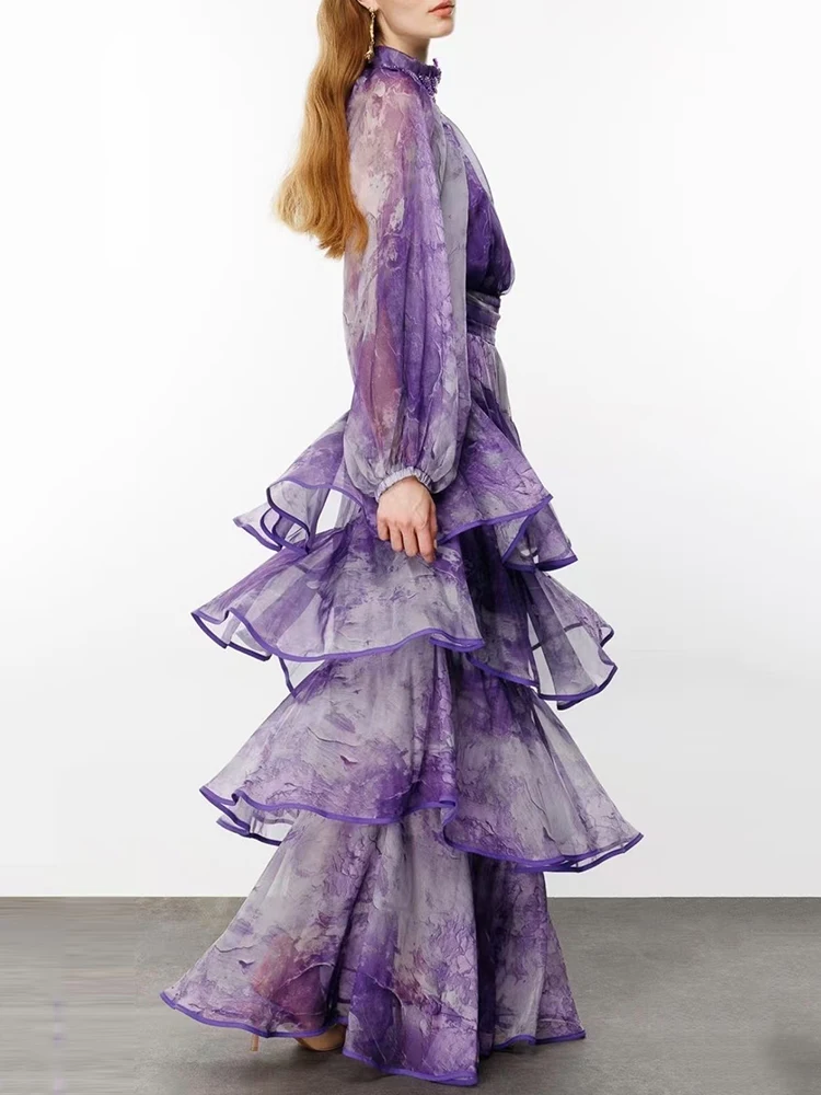 Retro-Kleid mit geometrischem Druck, Perlen, Rundhalsausschnitt und hoher Taille, 2025, Herbst-Damenmode, lockeres, mehrschichtiges, gerüschtes, bauschiges Kleid