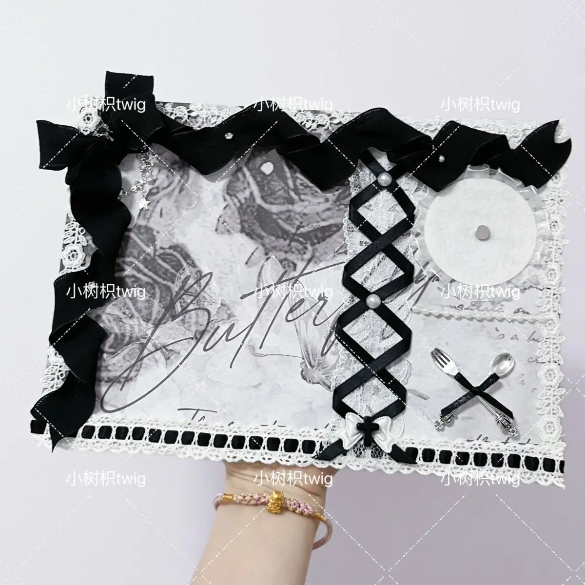 Black Ribbon Bow Insert Board Badge Organizer Board Gothic Goods Display Fill Ita Bag Decoration Hand Made Lace Backplate