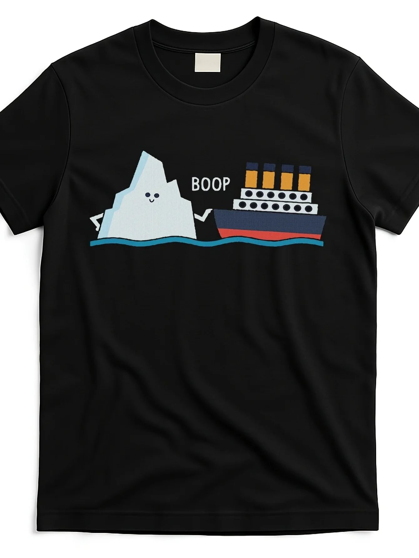 Fun Cartoon Iceberg Boop Ship Pattern T-Shirt Short Sleeve Round Neck Casual Top