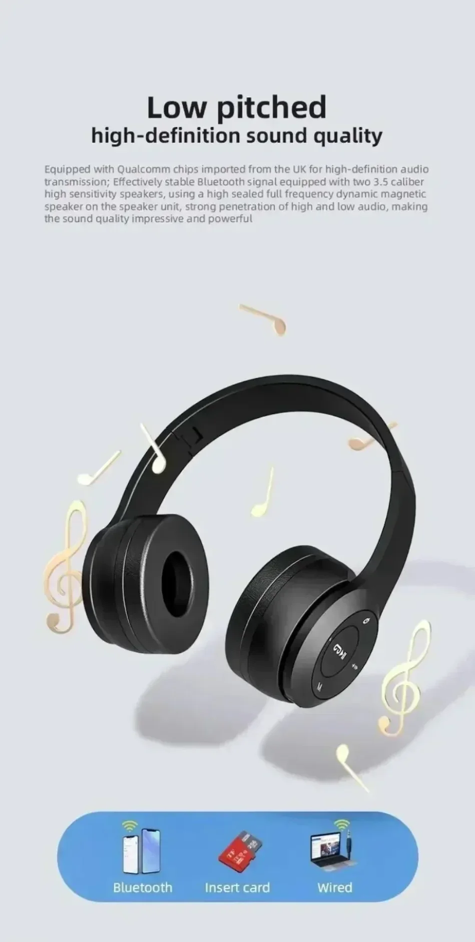 Faltbare Bluetooth-Kopfhörer, kabellose Overhead-Ohrhörer mit Mikrofon und Lautstärkeregelung für Smartphones, Gaming-Headset – Detail 3