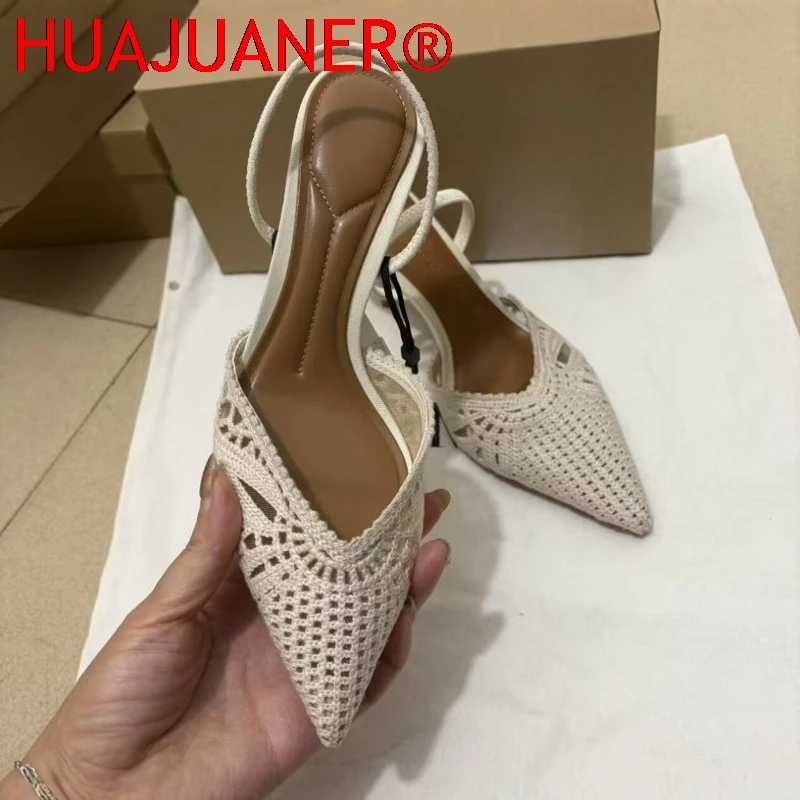 Elegant Crochet Slingback High Heels Women Pointed Toe Hollow Out Pump Sandals Woven Fabric Summer Party Wedding Dress Shoes