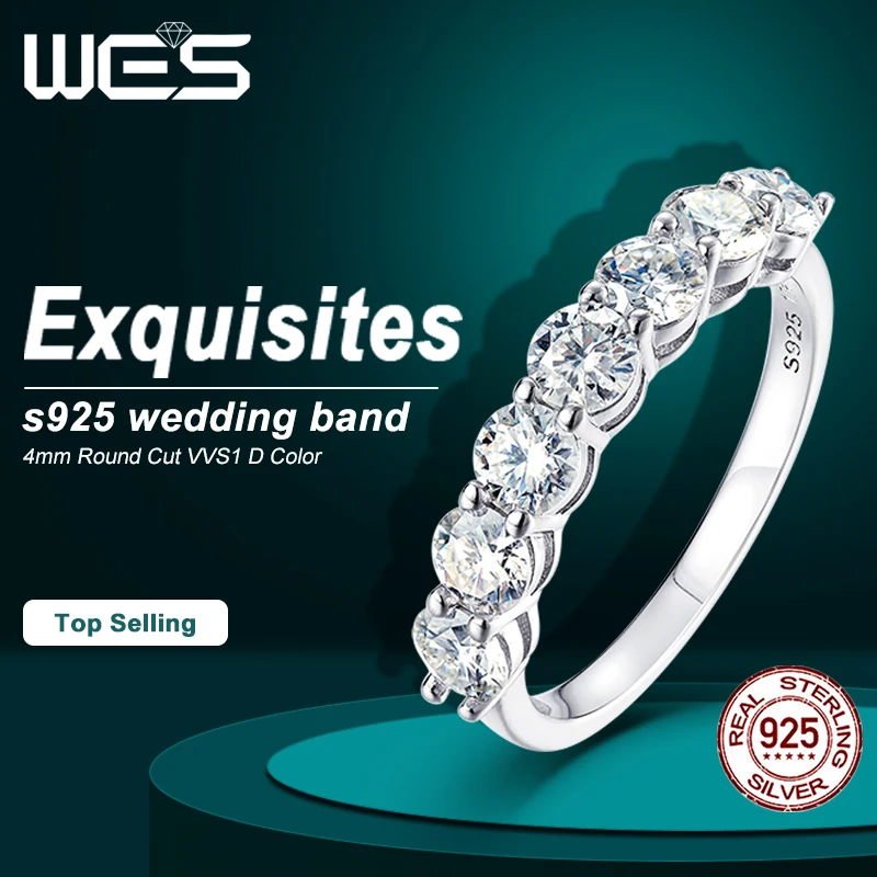 WES Full 4mm Moissanite Ring 925 Sterling Silver White Gold D Color Rings 7 Stones Diamond Wedding Band Rings for Women Jewelry