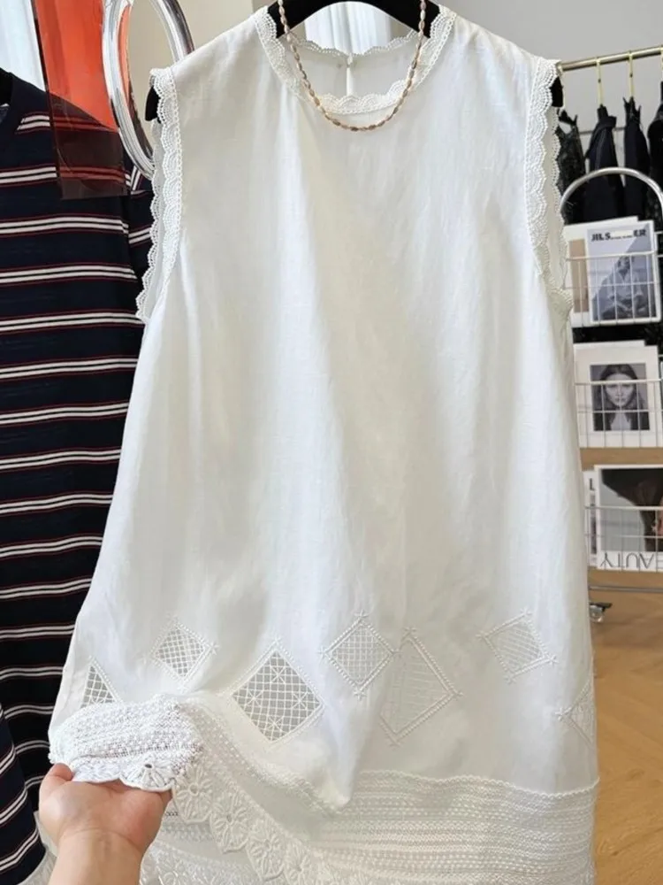 Vestido camisero de encaje de verano de gran tamaño para mujer, vestido sin mangas a la moda para mujer, Vestidos holgados Retro de Color contrastante para mujer
