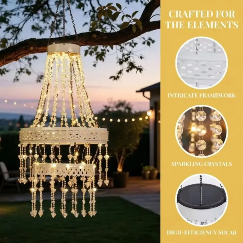 Waterproof Solar Hanging Lantern Modern Design Crystal Acrylic Outdoor Pendant Light Metal Frame IP44 Garden Solar Light Porch