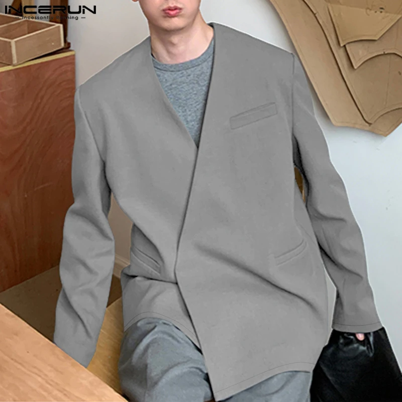 INCERUN Männer Blazer Einfarbig V-ausschnitt Langarm Mode Lässig Anzug Männer Streetwear Lose Koreanischen Stil Freizeit Männlich Dünne Mäntel